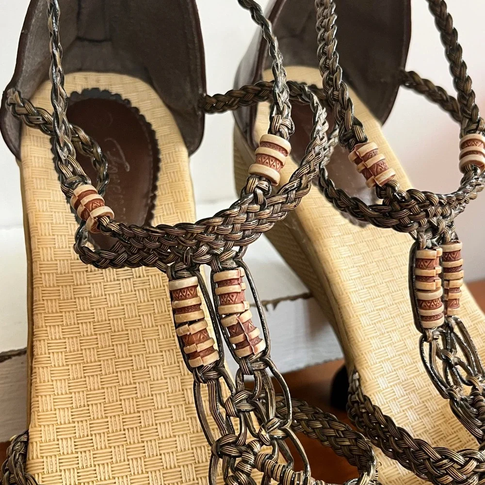 Forever Link Womens Brown Braided Wedge Sandals Boho Beaded Strappy Size 10